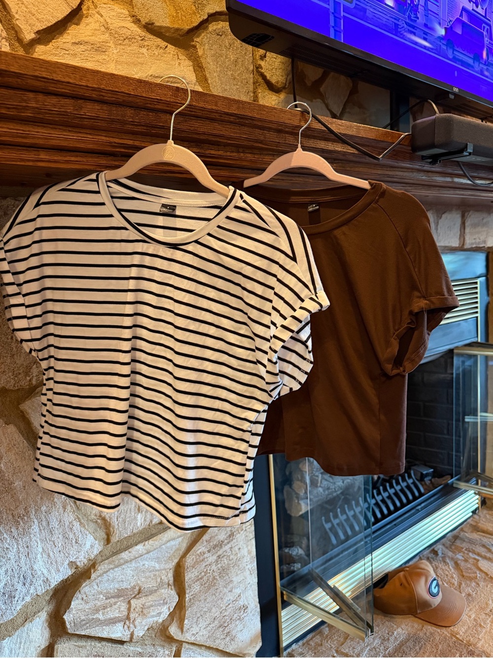 SHEIN Black & White Striped Tee and SHEIN Brown Crop Tee